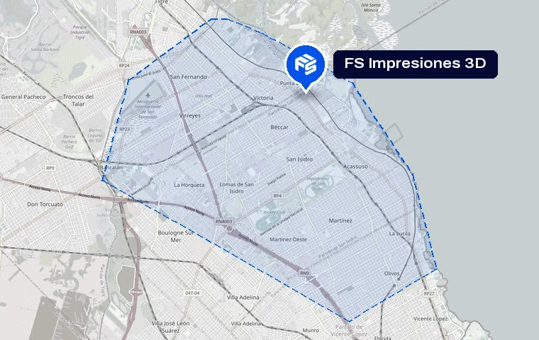 Mapa con la zona de envío marcada, de San Fernando a Olivos (San Fernando, Victoria, Virreyes, Béccar, San Isidro, Acassuso, Martínez, La Lucila y Olivos), y la ubicación de FS Impresiones 3D en Béccar