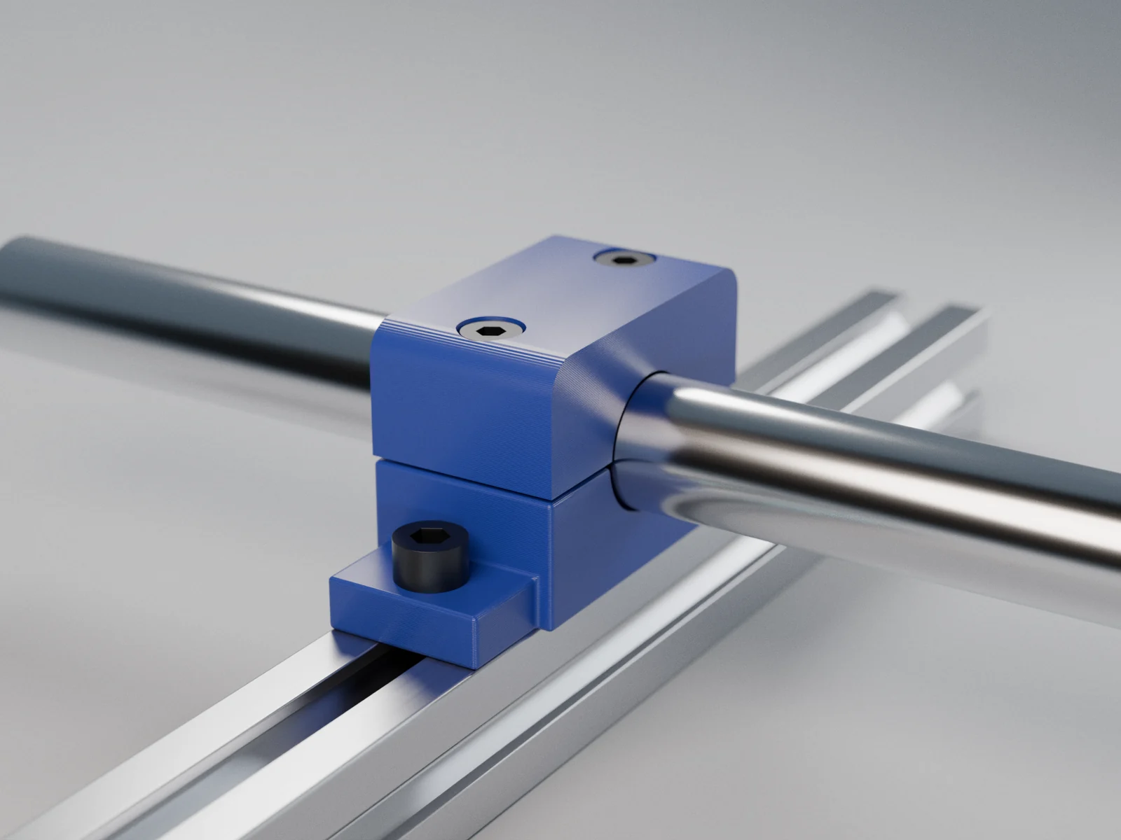Render ilustrativo: abrazadera de caño en PETG azul, atornillada a un perfil de aluminio